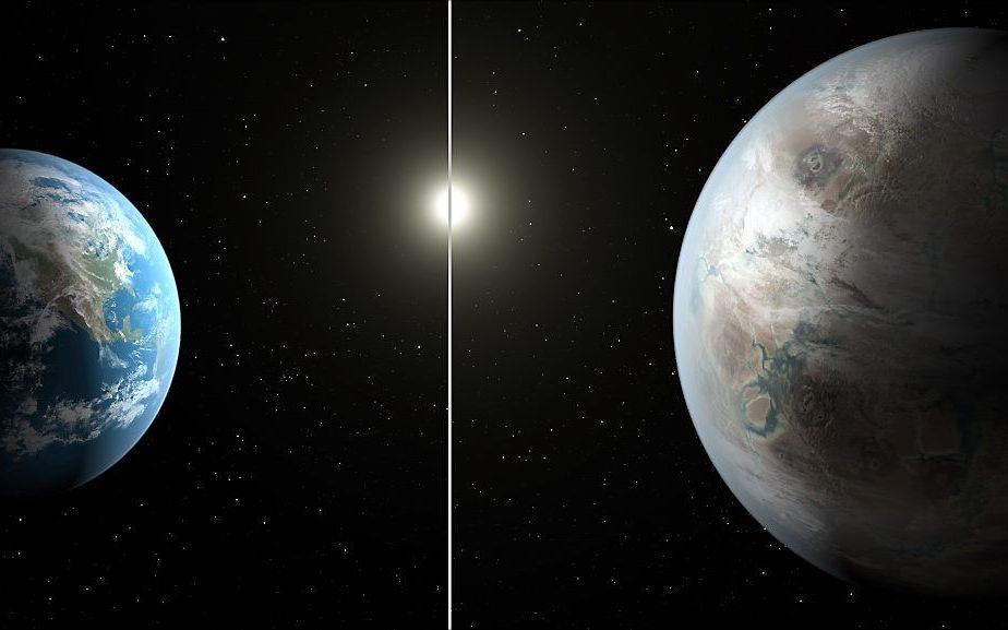 De planeet Kepler-452b (r.) naast de aarde. beeld AFP