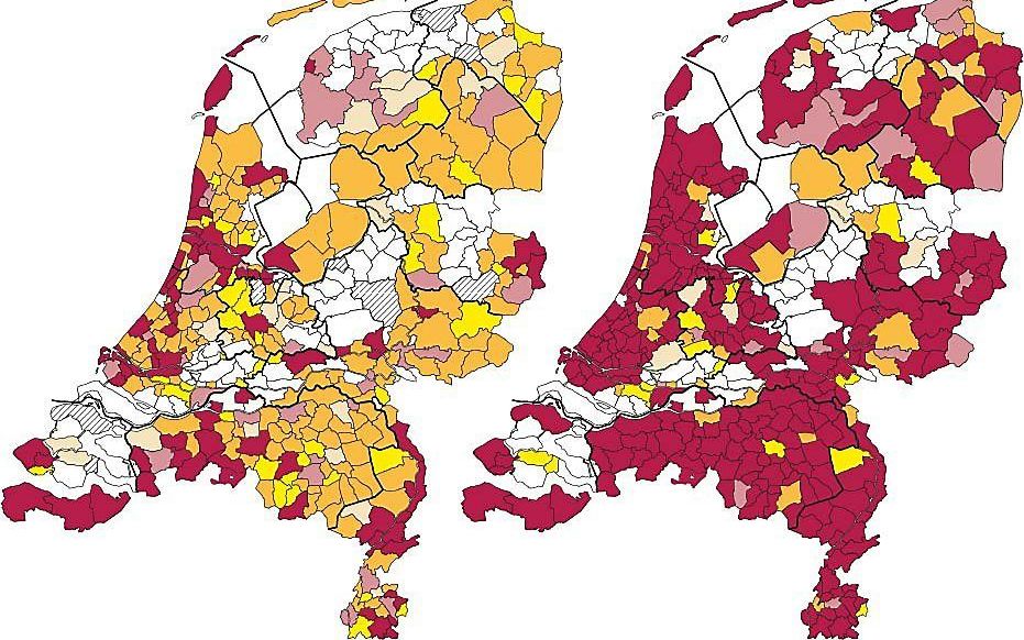 Links de situatie in 2013: de meeste gemeenten zijn oranje gekleurd wat staat voor maximaal twaalf koopzondagen per jaar. Rechts de situatie in 2015: in de meeste gemeenten is de koopzondag vrijgegeven wat aangegeven wordt met de donkerrode kleur. Illustr