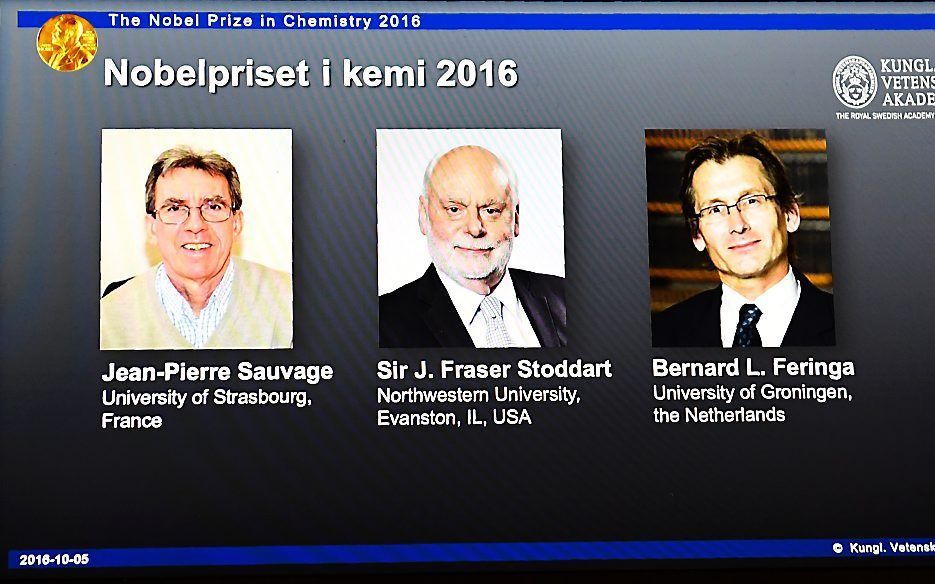 Jean-Pierre Sauvage, J. Fraser Stoddart en Bernard L. Feringa (v.l.n.r.) beeld AFP