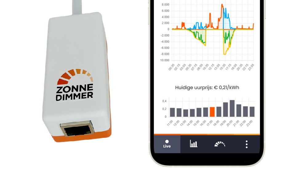 Via een app op de telefoon kan de consument zijn verbruik, de opwek en de teruglevering van zonnestroom nauwlettend in de gaten houden. beeld Zonnedimmer