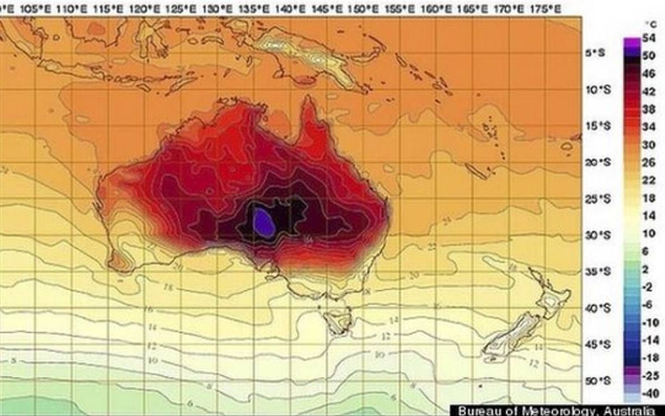 De meteorologische dienst van Australië bracht deze week een temperatuurkaartje uit waarop voor het eerst de kleur paars (ruim boven de 50 graden) voorkomt. Beeld Meteorologische Dienst Australië