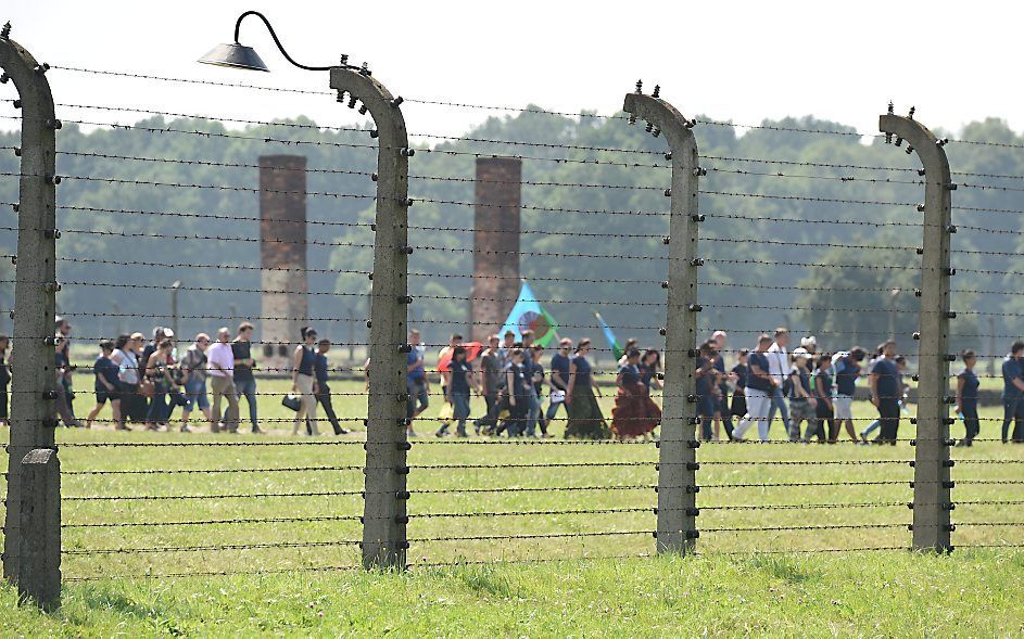 In het naziconcentratie- en vernietigingskamp Auschwitz-Birkenau is zaterdag de massamoord op Roma en Sinti tijdens de Tweede Wereldoorlog herdacht. beeld EPA