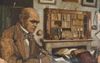 Charles Darwin in Down House bezig met zijn omvangrijke correspondentie met geleerden over de hele wereld. Op de achtergrond een van zijn boekenkasten. Olieverfschilderij door Victor Eustaphieff. beeld Darwin Rijksmuseum, Moskou