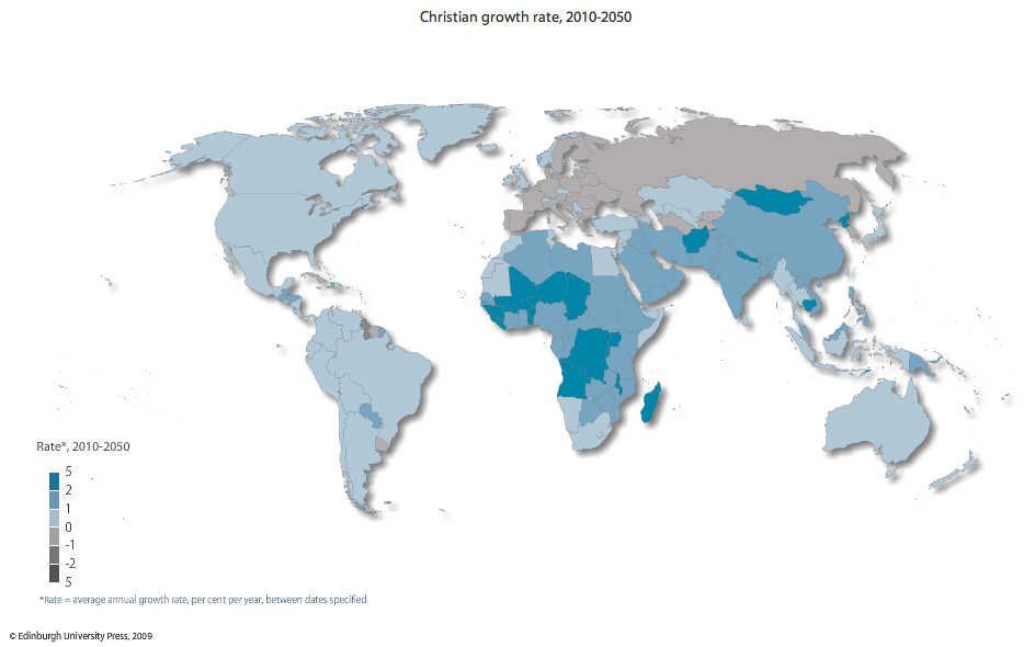 De verwachte gemiddelde jaarlijkse groei in procenten van het aantal christenen per land in de periode 2010-2050. Infographics Edinburgh University Press