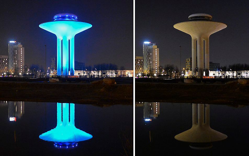 Duizenden gebouwen rond de wereld doen vanavond een uur het licht uit. Hier de Zweedse watertoren Hyllie in 2009. beeld EPA