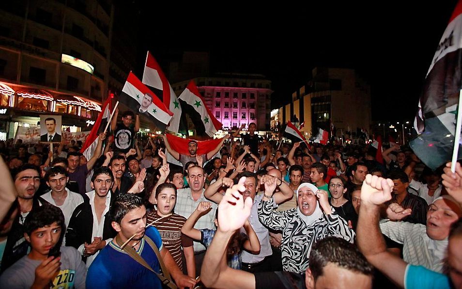 Protesten in Damascus, afgelopen nacht. Foto EPA