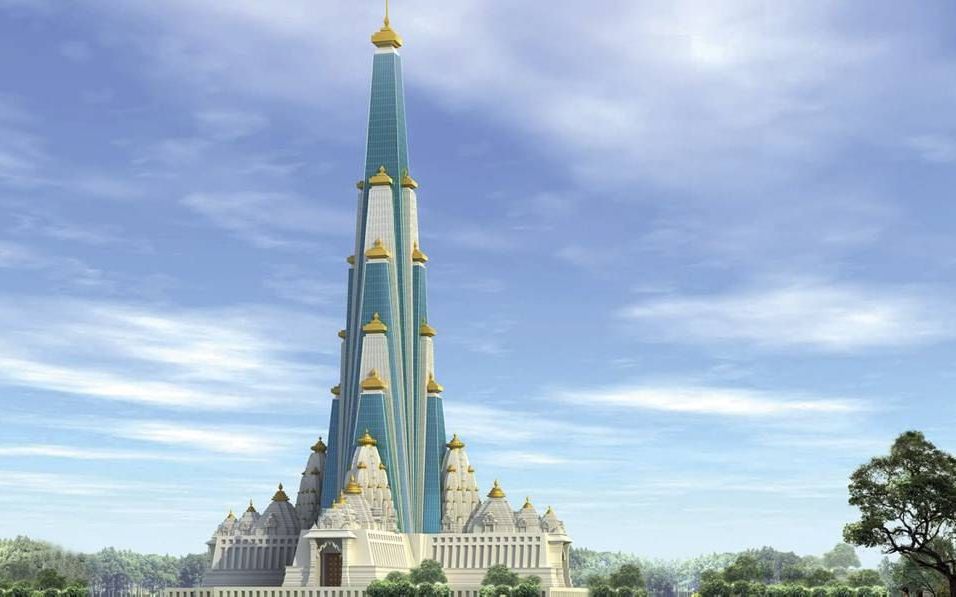 Hindoes bouwen in India een 210 meter hoge tempel.  beeld EPA