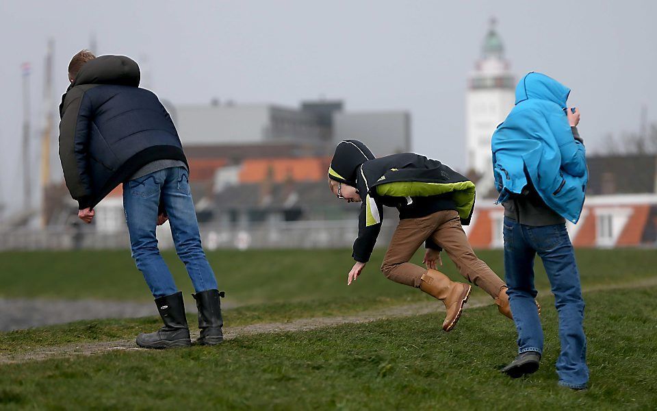 Jongens trotseren de wind op de Zeedijk bij Harlingen. Beeld ANP