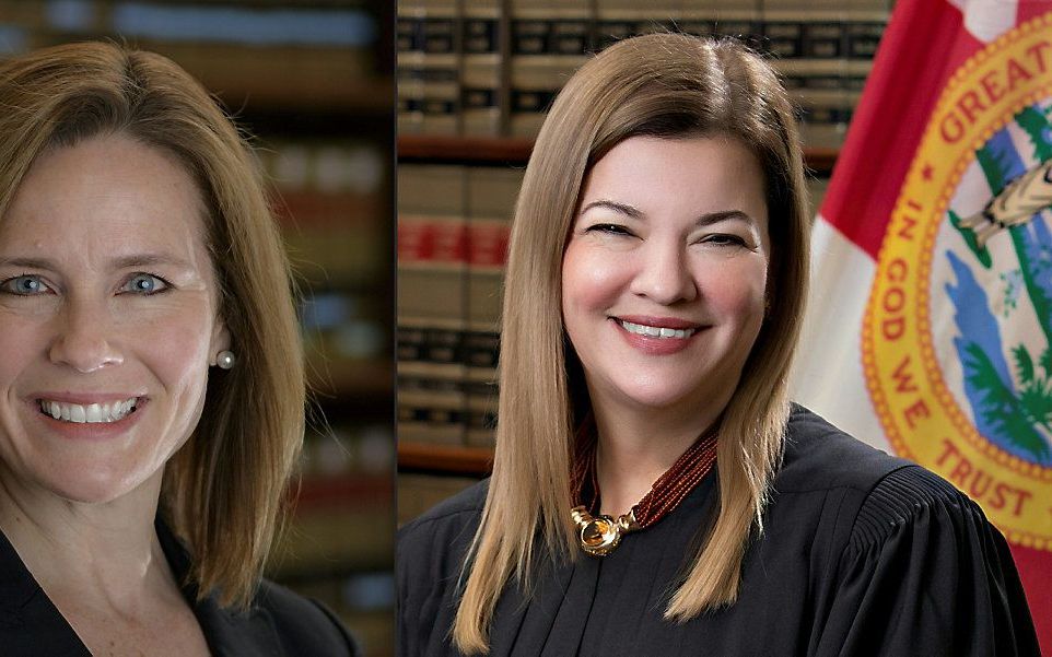 Amy Coney Barrett (l.) en Barbara Lagoa. beeld Julian VELASCO / University of Notre Dame / Florida Supreme Court / AFP