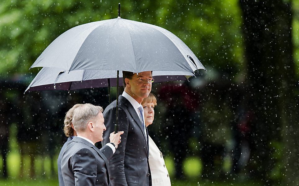 Rutte en Merkel in Kleef. Foto ANP