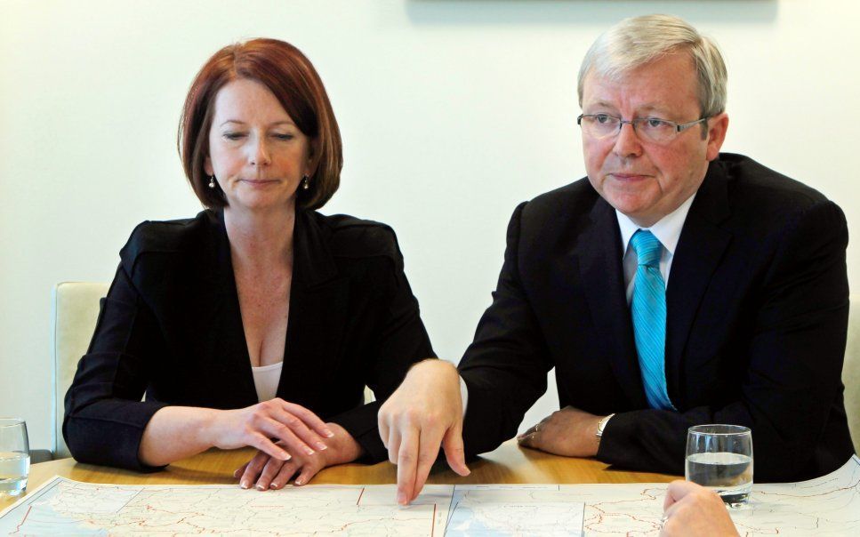 Rudd die in juni werd afgezet door zijn eigen Laborpartij keert terug in de nieuwe regering van Australië. Foto EPA