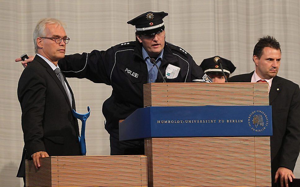 De toespraak van president Gül in de universiteit van Berlijn werd na een bommelding afgelast.  Foto EPA