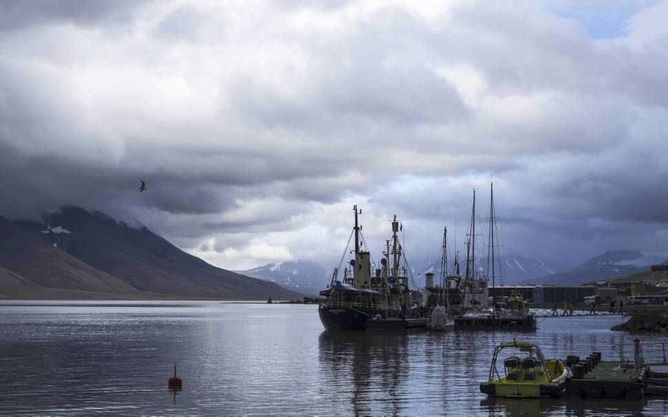 De haven van Longyearbyen op Spitsbergen, uitvalsbasis van de grootste Nederlandse poolexpeditie ooit. De 105 deelnemers keerden vanmorgen terug. beeld ANP