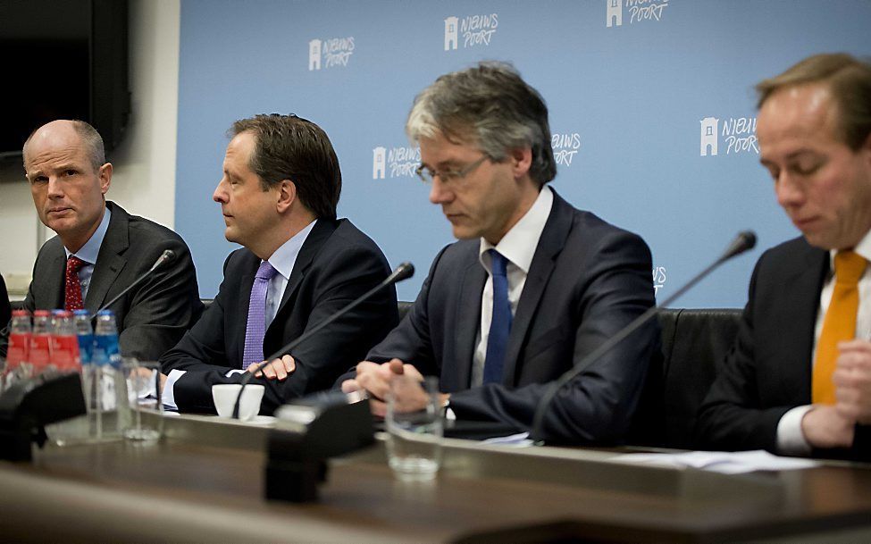 Minister Stef Blok van Wonen en Rijksdienst, D66-leider Alexander Pechtold, Kees van der Staaij van de SGP en Arie Slob van de CU tijdens de toelichting over het woonakkoord. Foto ANP