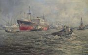 M. de Jongere schilderde de Maashaven in Rotterdam met op de achtergrond de olieraffinaderij van Shell Pernis rond 1950.  Beeld uit besproken boek.