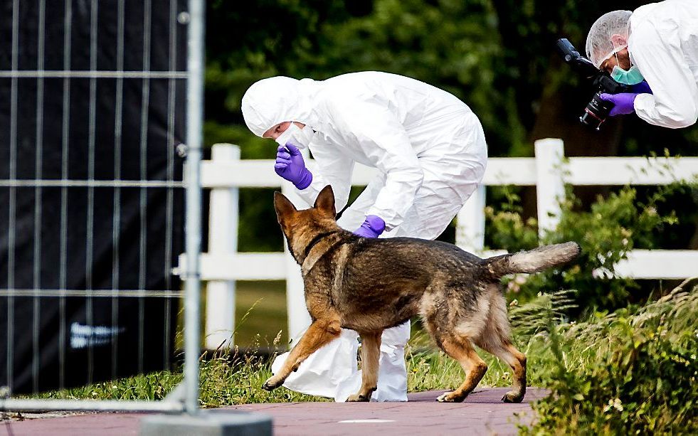 De politie doet zondag onderzoek op industrieterrein De Kronkels in Bunschoten waar het lichaam van Savannah is gevonden. beeld ANP, Koen van Weel