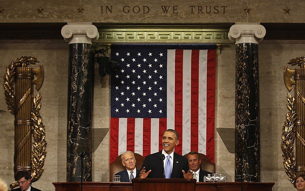 „De Verenigde Staten zullen niet stilstaan en ook ik niet. Hard werken moet voor iedere Amerikaan lonen. Onze mogelijkheden bepalen wie wij zijn”, zei Obama tijdens de jaarlijkse State of the Union voor het Congres. beeld AFP