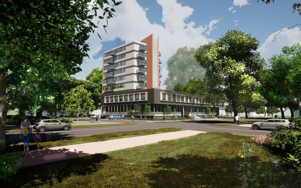 Artist impression van het woonzorgcentrum in het voormalige kantoor van de Belastingdienst in Apeldoorn. beeld Estea