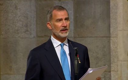 De Spaanse koning Felipe VI tijdens de toespraak die hij hield tijdens de mis in de kathedraal van Santiago de Compostela ter gelegenheid van de Dag van de Apostel. beeld RD