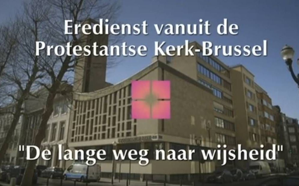Uitzending van een kerkdienst vanuit de Protestantse Kerk Brussel door de Vlaamse omroep VRT, 2016. beeld screenshot VRT