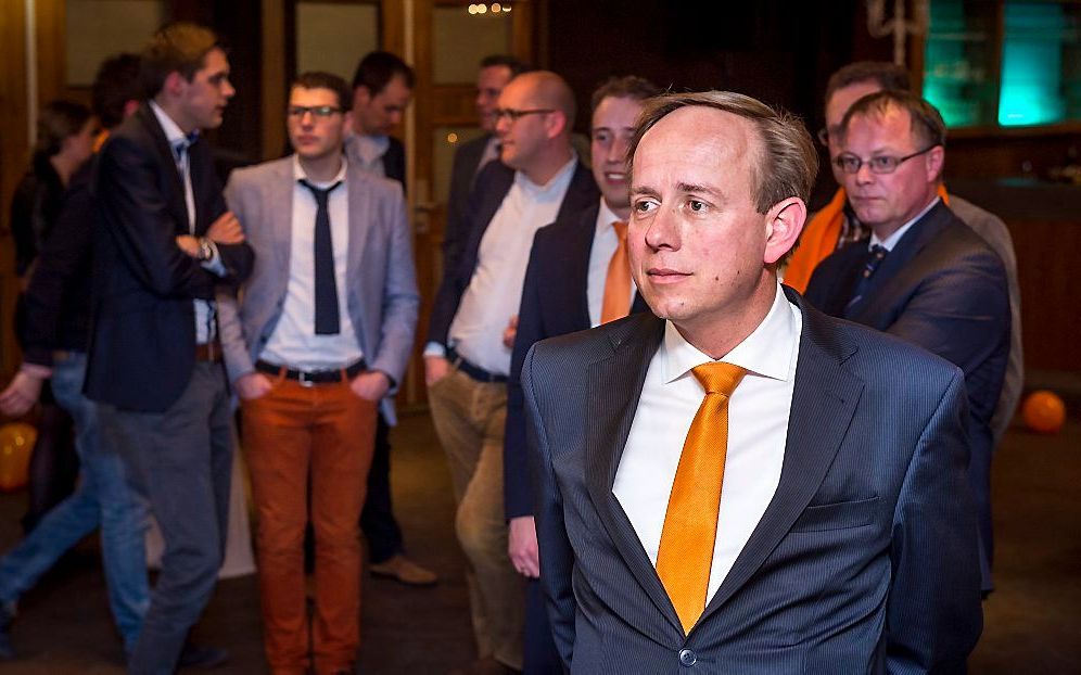 Fractievoorzitter Kees van der Staaij tijdens de verkiezingsavond van de SGP na de Provinciale Statenverkiezingen. Beeld ANP