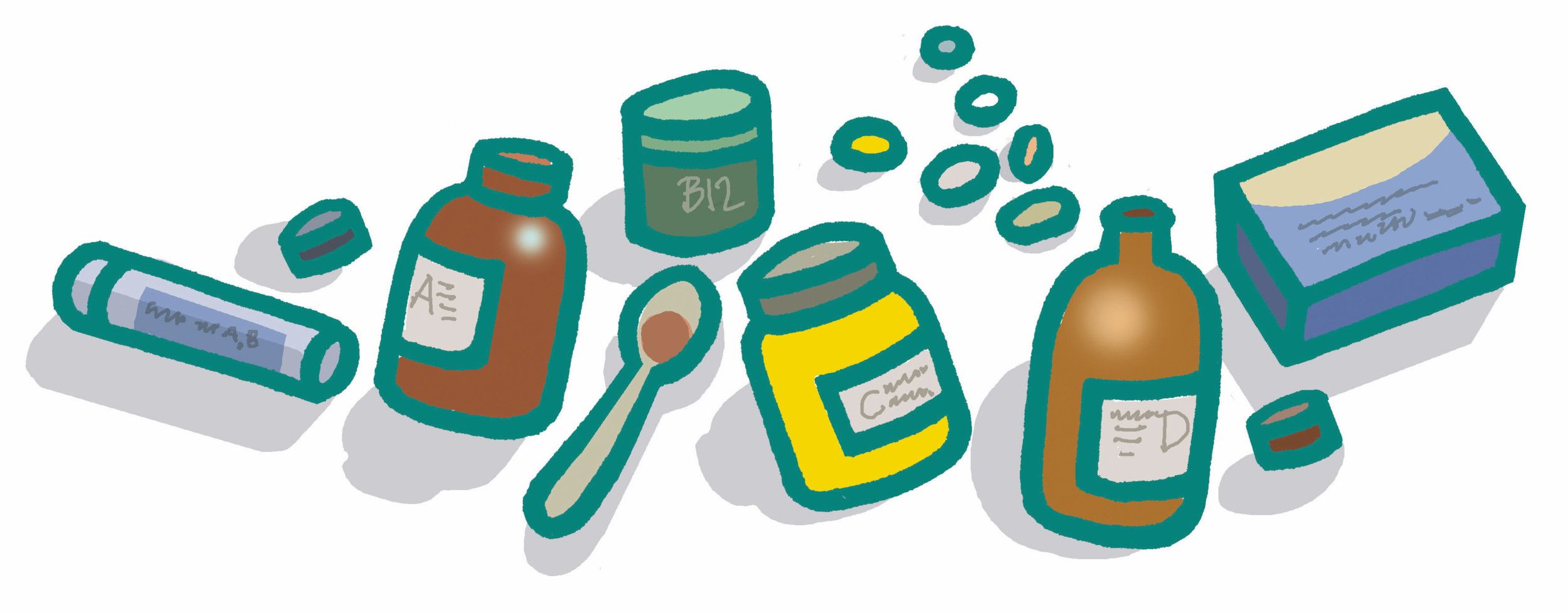 Tekening van een aantal potjes, pilletjes en een lepel. Op de potjes staan de namen van vitaminen: A, B12, C en D.