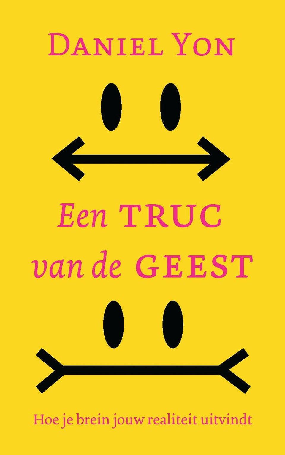 Gele boekomslag met grafische illustratie van twee paren zwarte ovalen en twee horizontale pijlfiguren. De titel staat in rode letters tussen deze afbeeldingen.