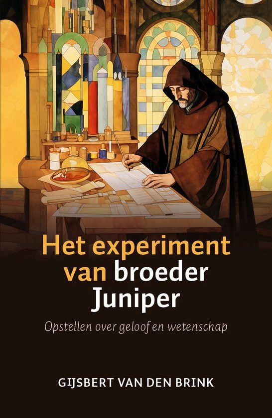 Boekomslag met daarop een door AI gegenereerde afbeelding van een monnik in een bruine pij die aan een tafel staat te schrijven met een ganzenveer.