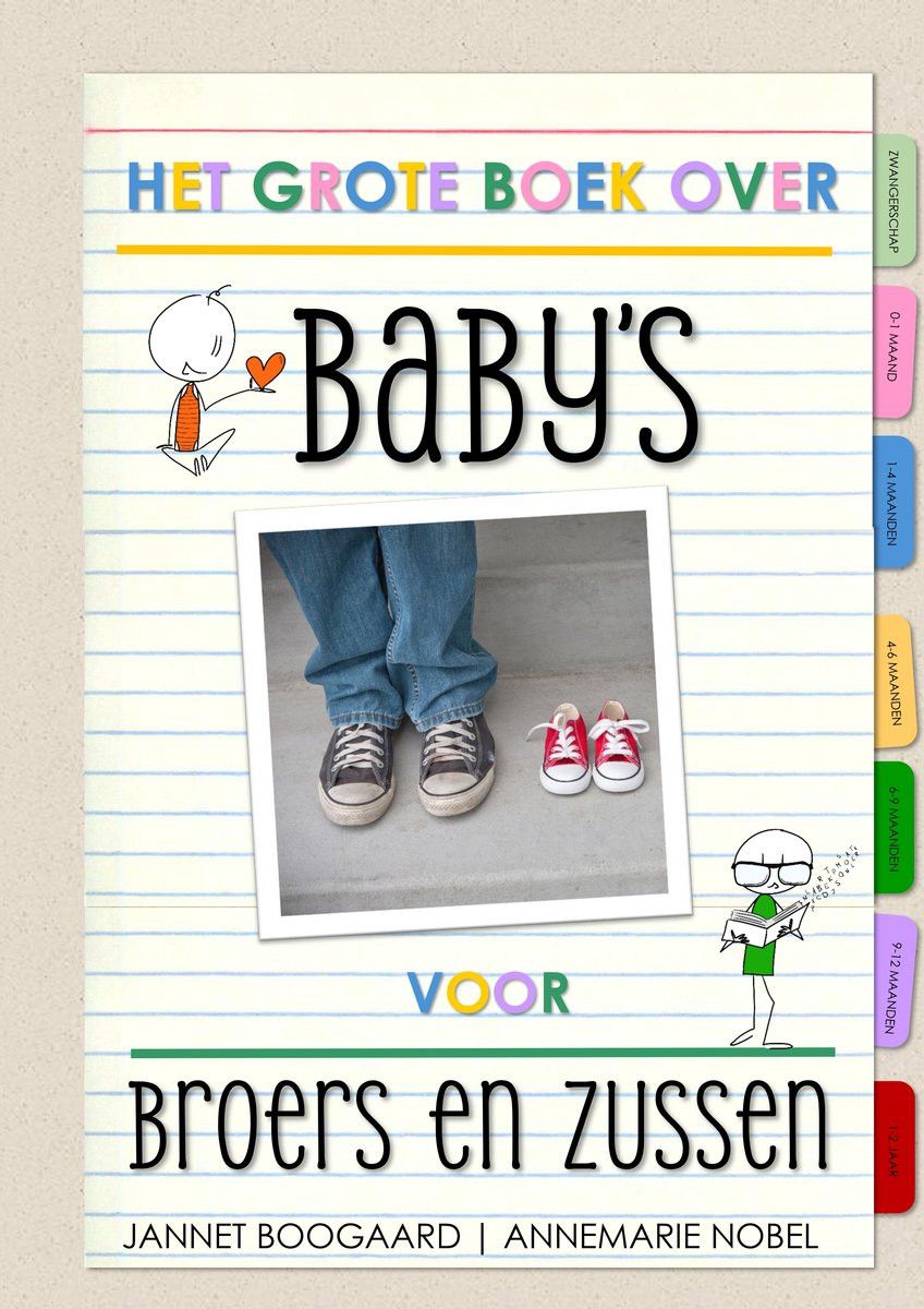 Boekomslag met tabbladen in verschillende kleuren. Op de omslag een foto met de benen van een kind in een spijkerbroek. Hij draagt blauwe gympen. Naast hem staan twee rode, kleinere gympen. 