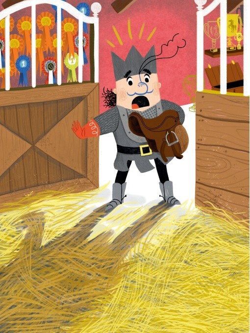 Getekende illustratie van een figuur met een ridderpak aan en een kroon op die in de deuropening van een hok staat. Op de grond ligt stro. Links aan de deur zijn medailles te zien.