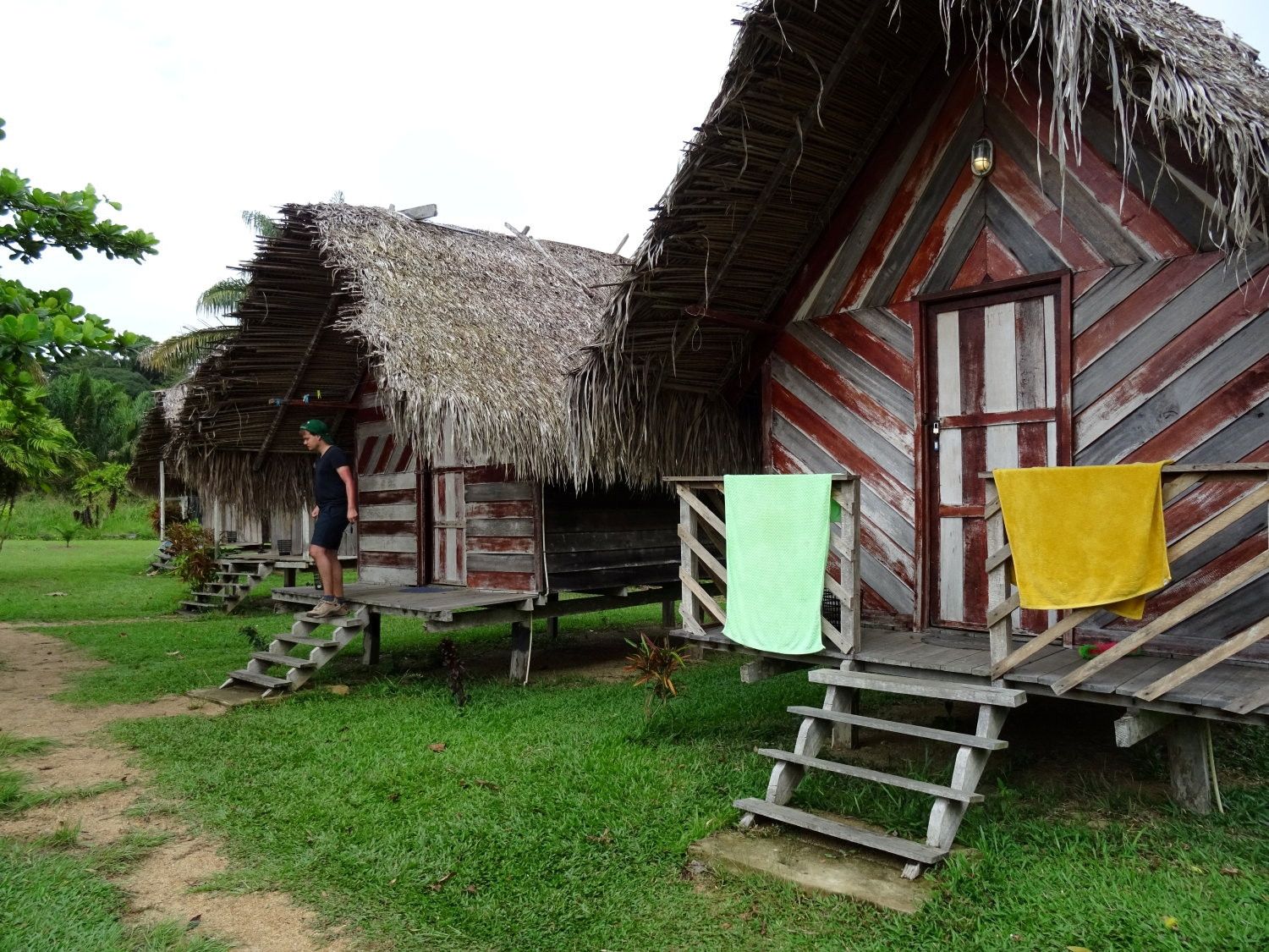 Houten huizen op palen met een bruin dak van gras. 