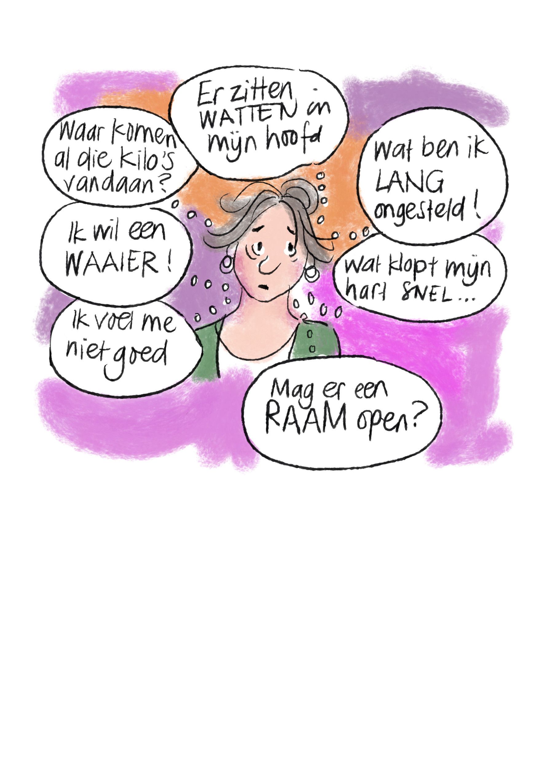 Tekening van een somber kijkende vrouw met grijs haar. Om haar heen allemaal denkwolkjes met negatieve teksten erin.