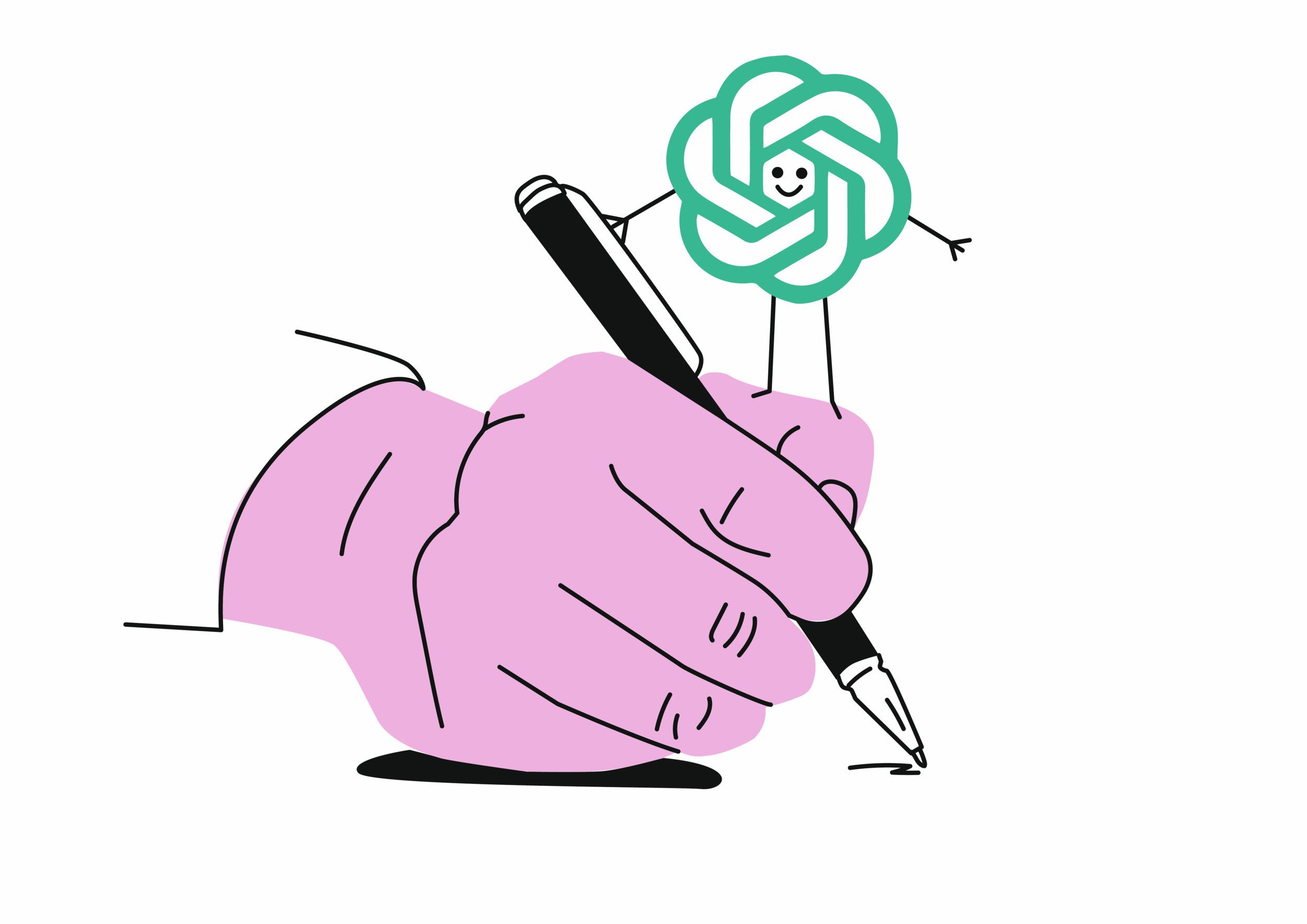 Tekening van een hand met een pen en een logo van ChatGPT.