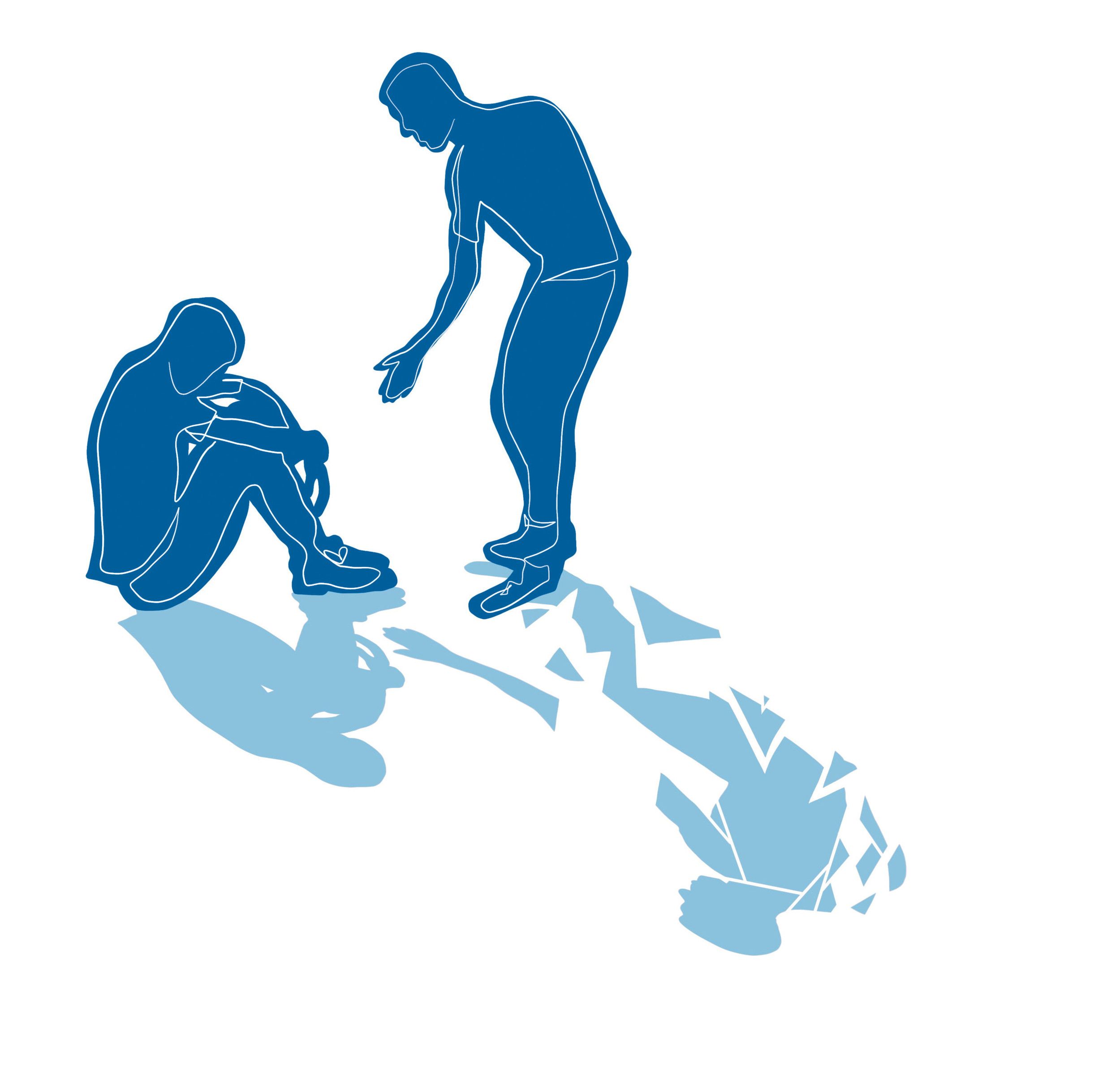 Twee blauwe, getekende figuren. De staande persoon rechts reikt zijn hand naar de zittende links. De schaduw van de rechter is brokkelig weergegeven. 