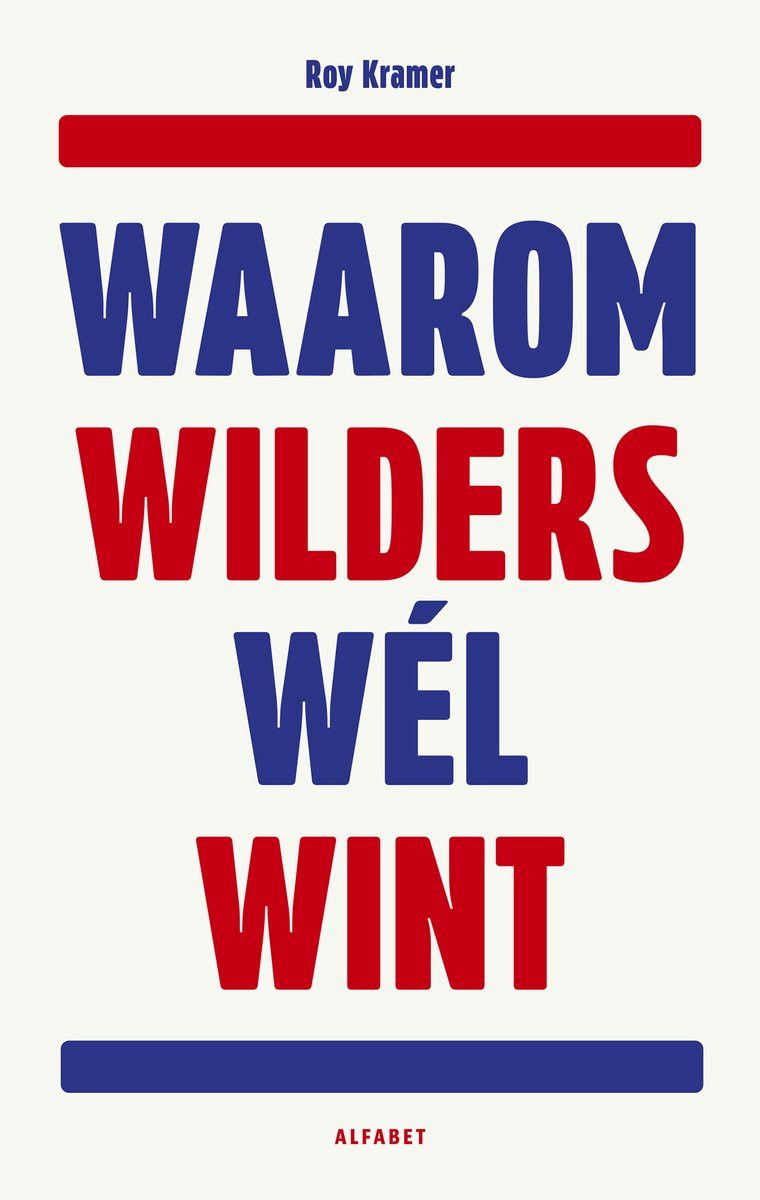Witte boekomslag met de titel in blauwe en rode letters. Bovenaan een rode balk, onderaan een blauwe.