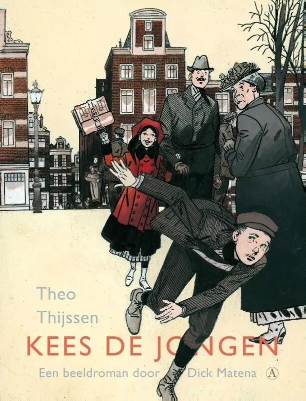 Boekomslag met illustratie van een jongen die zwaaiend met zijn armen over een brug in een stad loopt. Omstanders kijken verbaasd naar hem. Op de achtergrond grachtenpanden.