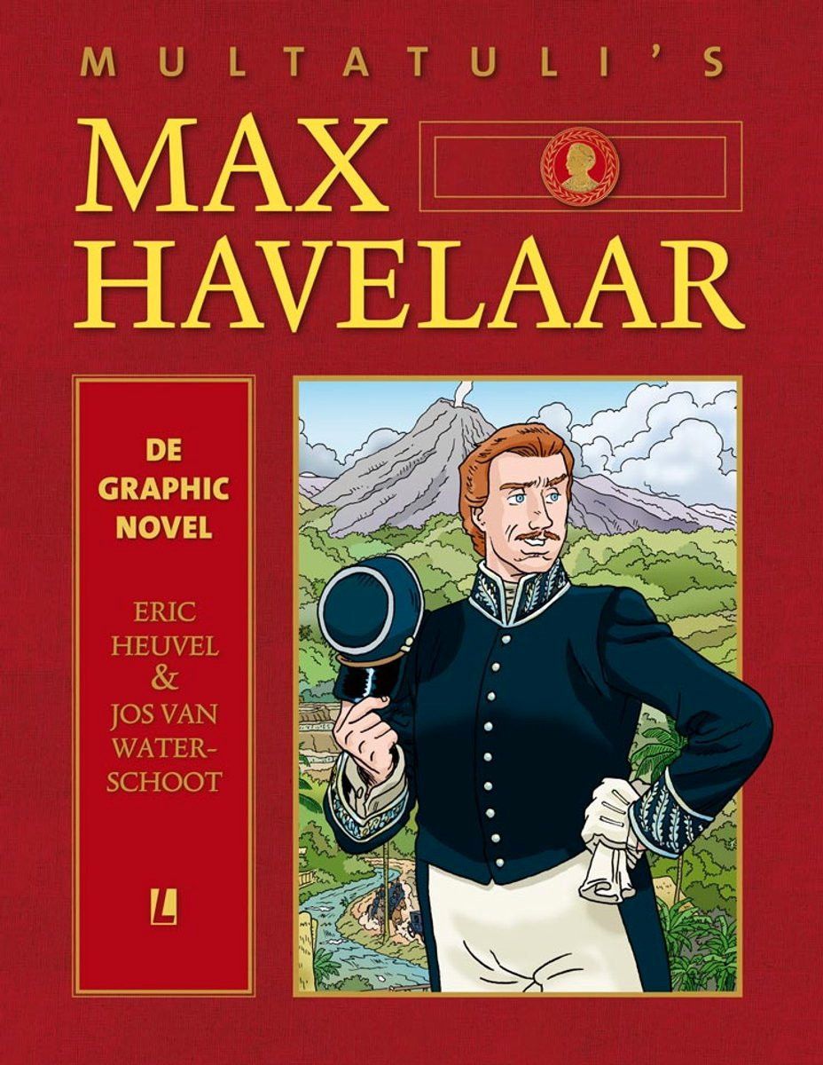 Rode boekomslag met illustratie van een man in donkerblauw uniform; hij houdt een pet in de hand. Achter hem een vulkaan.