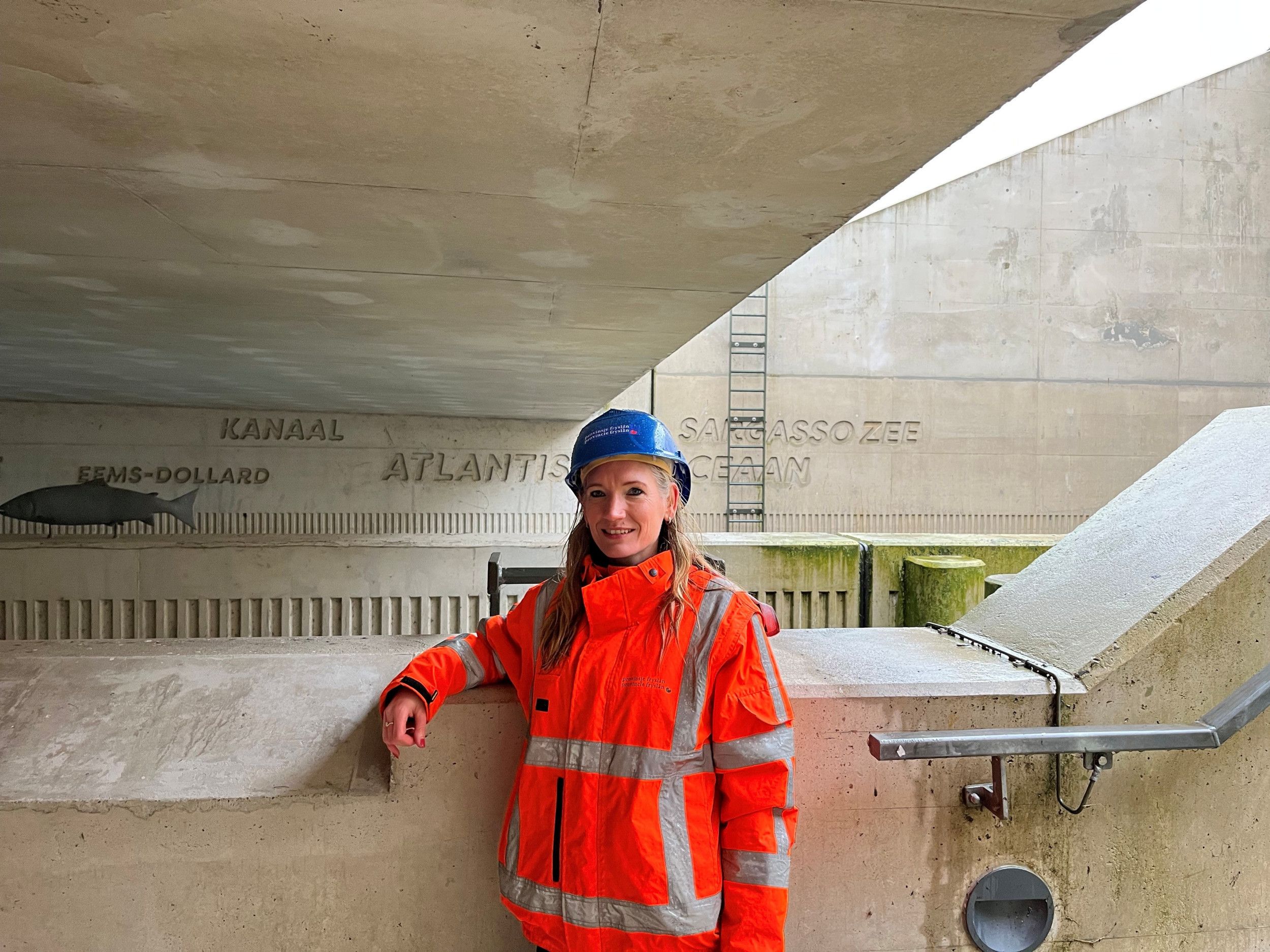 Vrouw met blauwe veiligheidshelm op en met oranje hesje aan. 