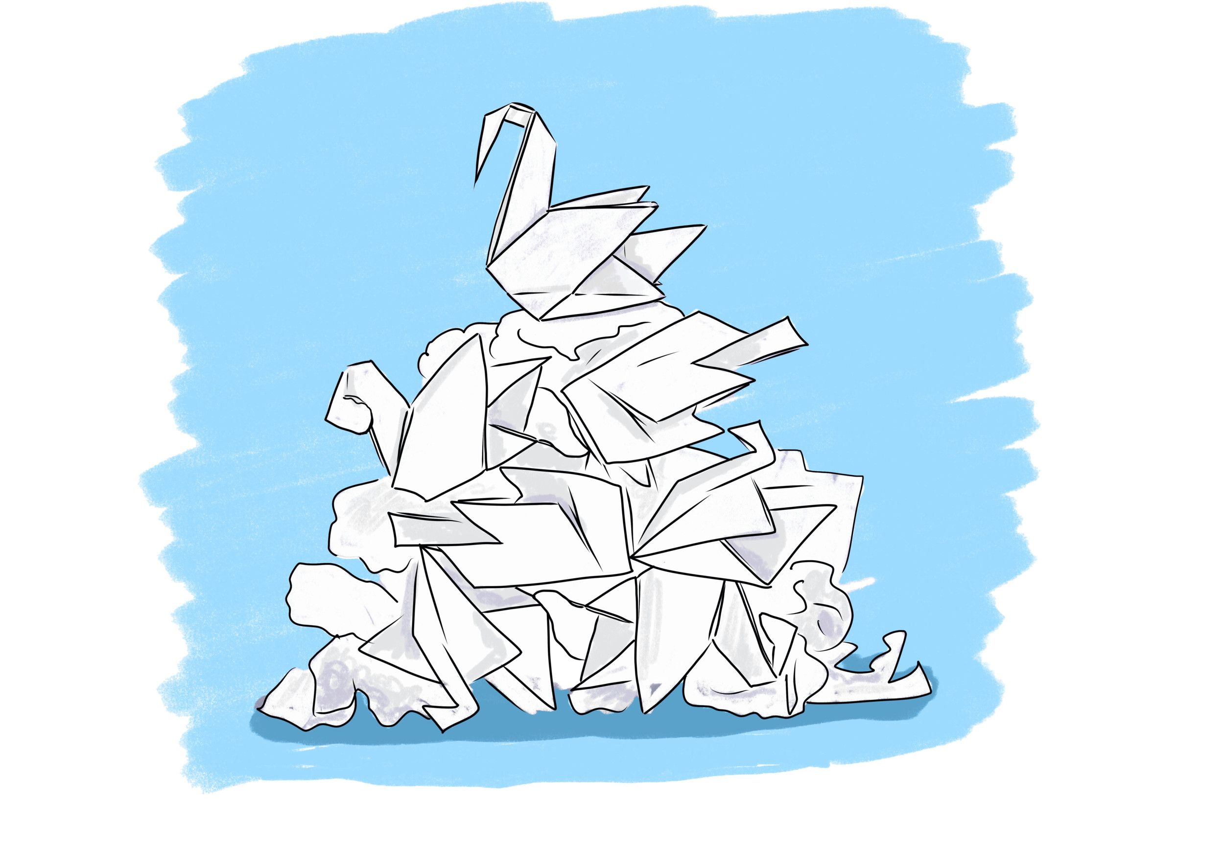 een stapel papieren in verschillende vormen gevouwen. Bovenop een mooi gevouwen zwaan