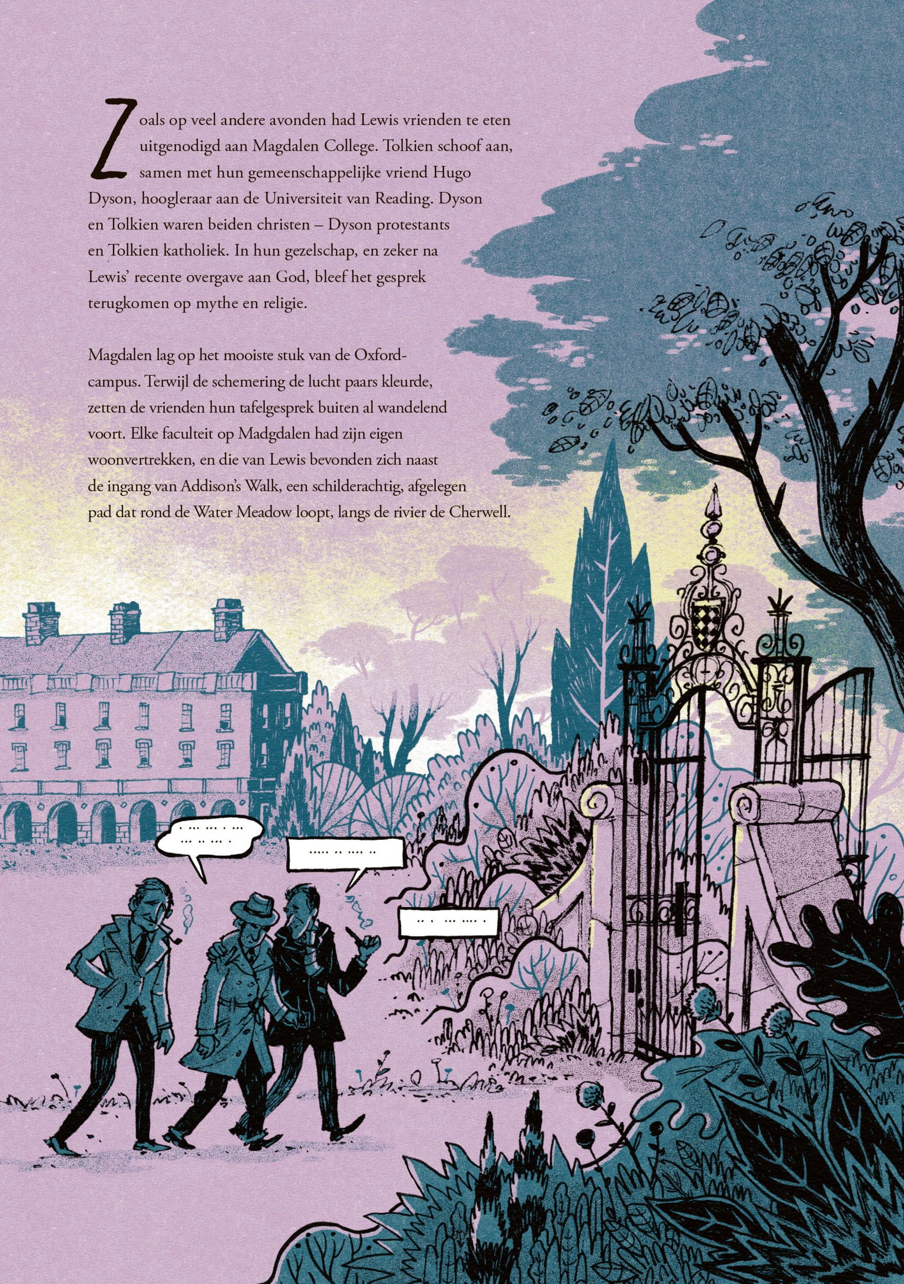 Een paarsgetinte illustratie met een oud kasteel met op de voorgrond drie heren.