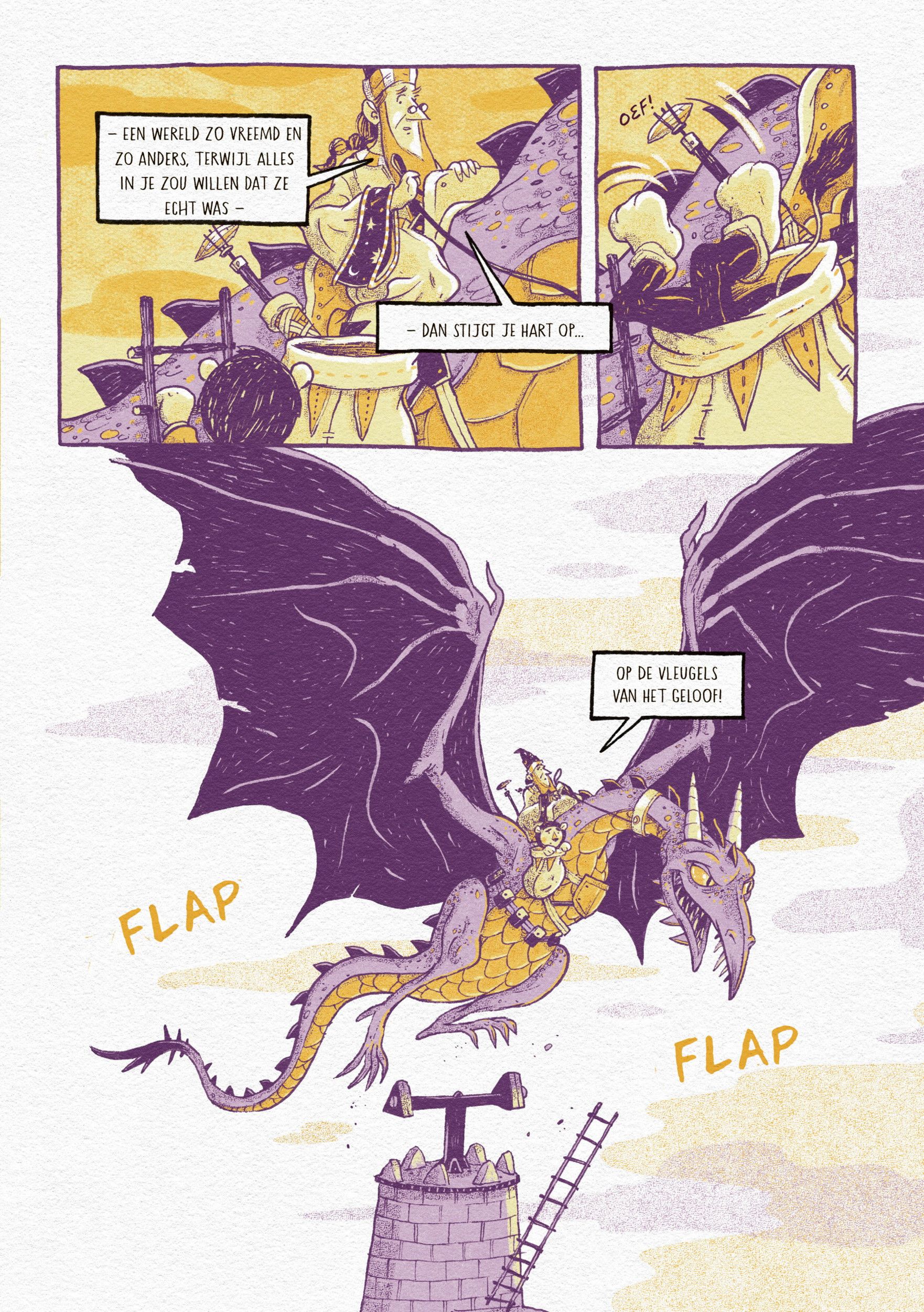 Stripbeelden in paars en geel met onder meer een draak.