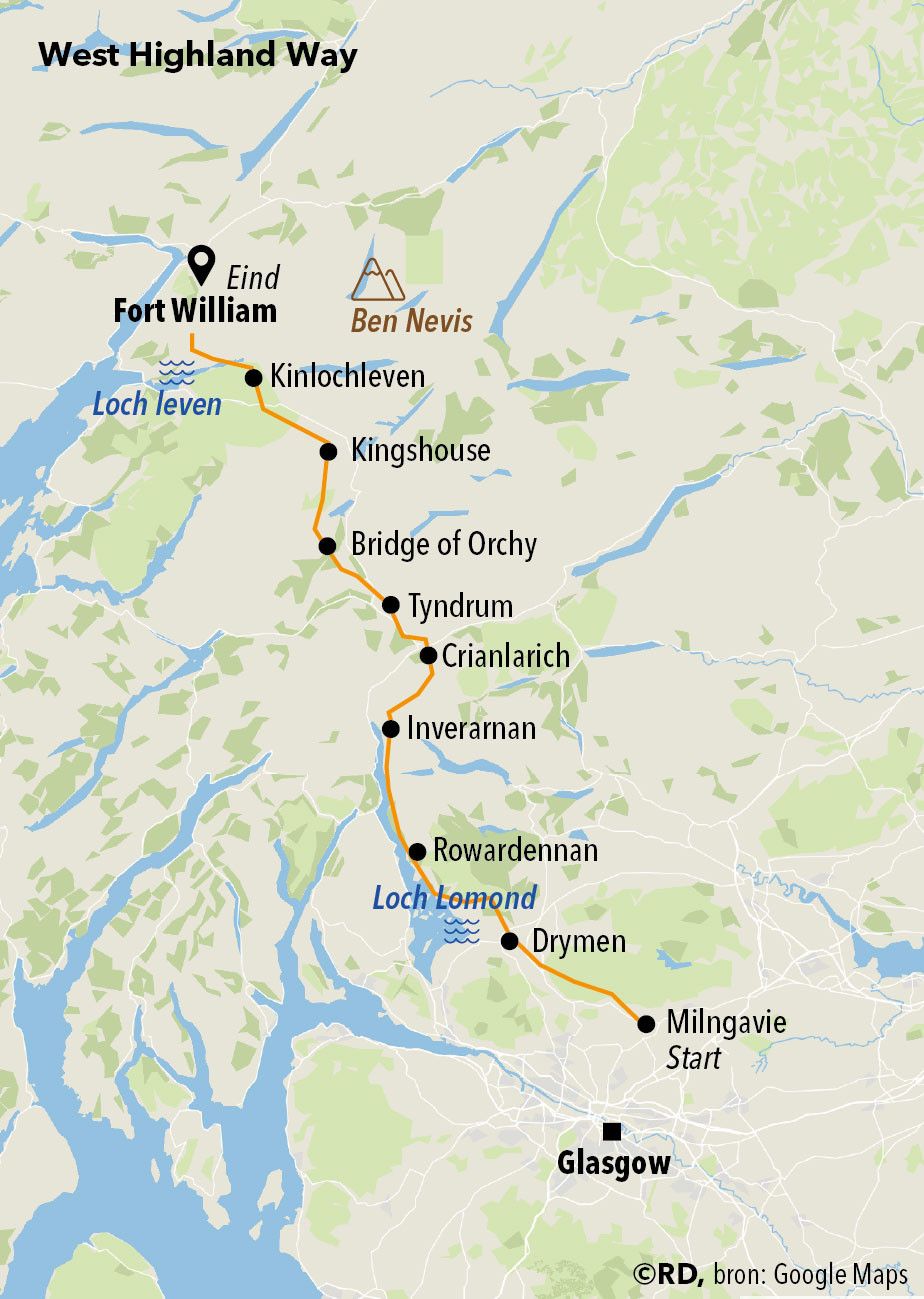 Routekaart in groene kleur waarbij een oranje lijntje de weg aangeeft van Milngavie naar Fort William.