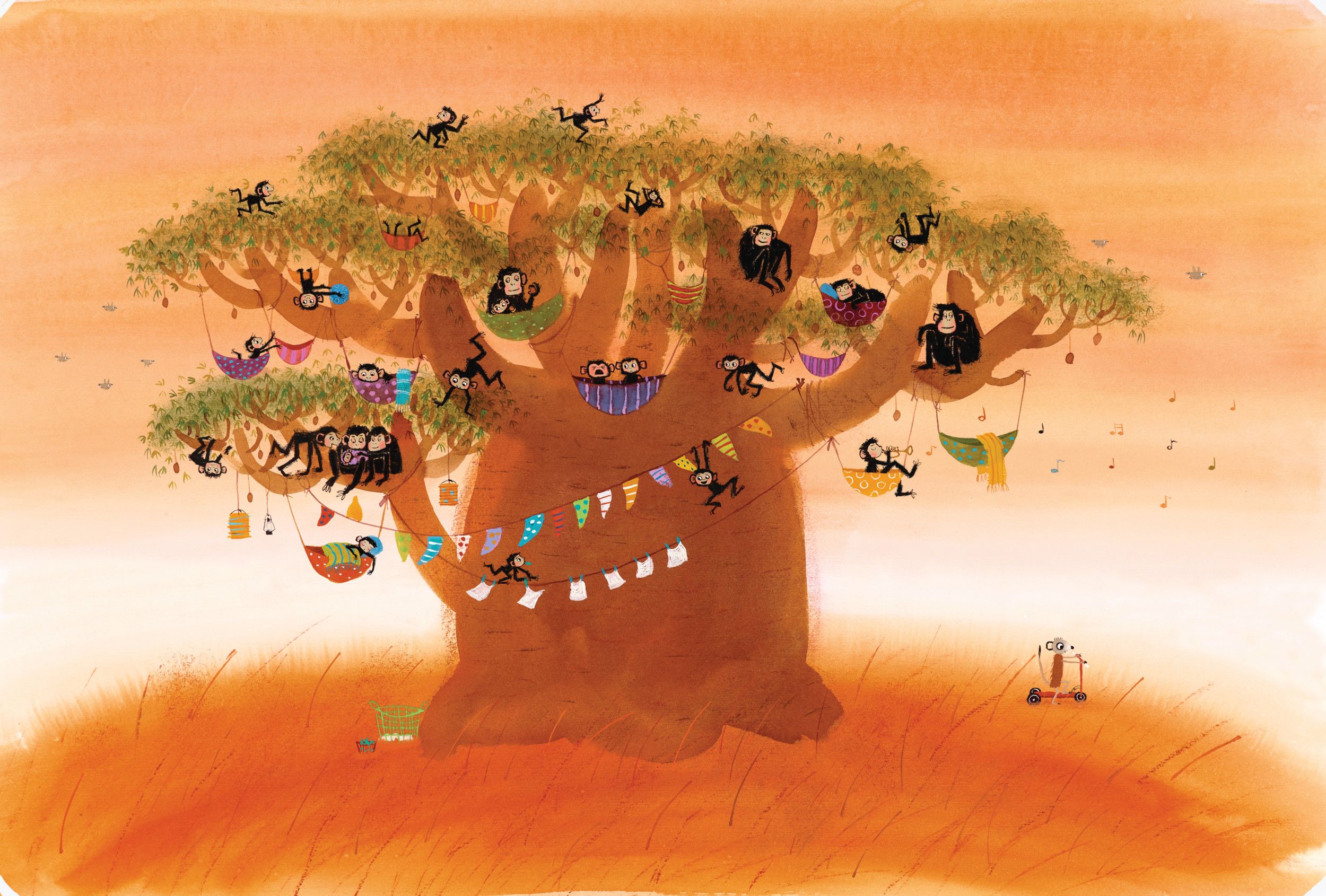 Tekening van een drukbevolkte apenboom. Er hangen gekleurde slingers in en hangmatten met aapjes. Luiers hangen te drogen en kleine apen klimmen in de hoge takken.