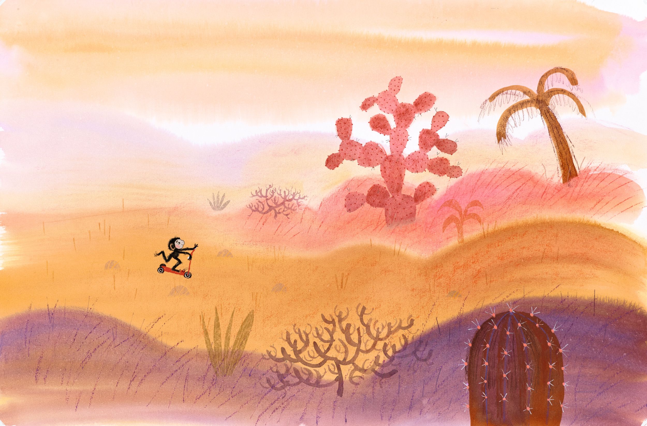 Aquarelachtige plaat in roze en gele tinten van een woestijnachtig landschap. Er rijdt een klein zwart aapje op een rode step doorheen.