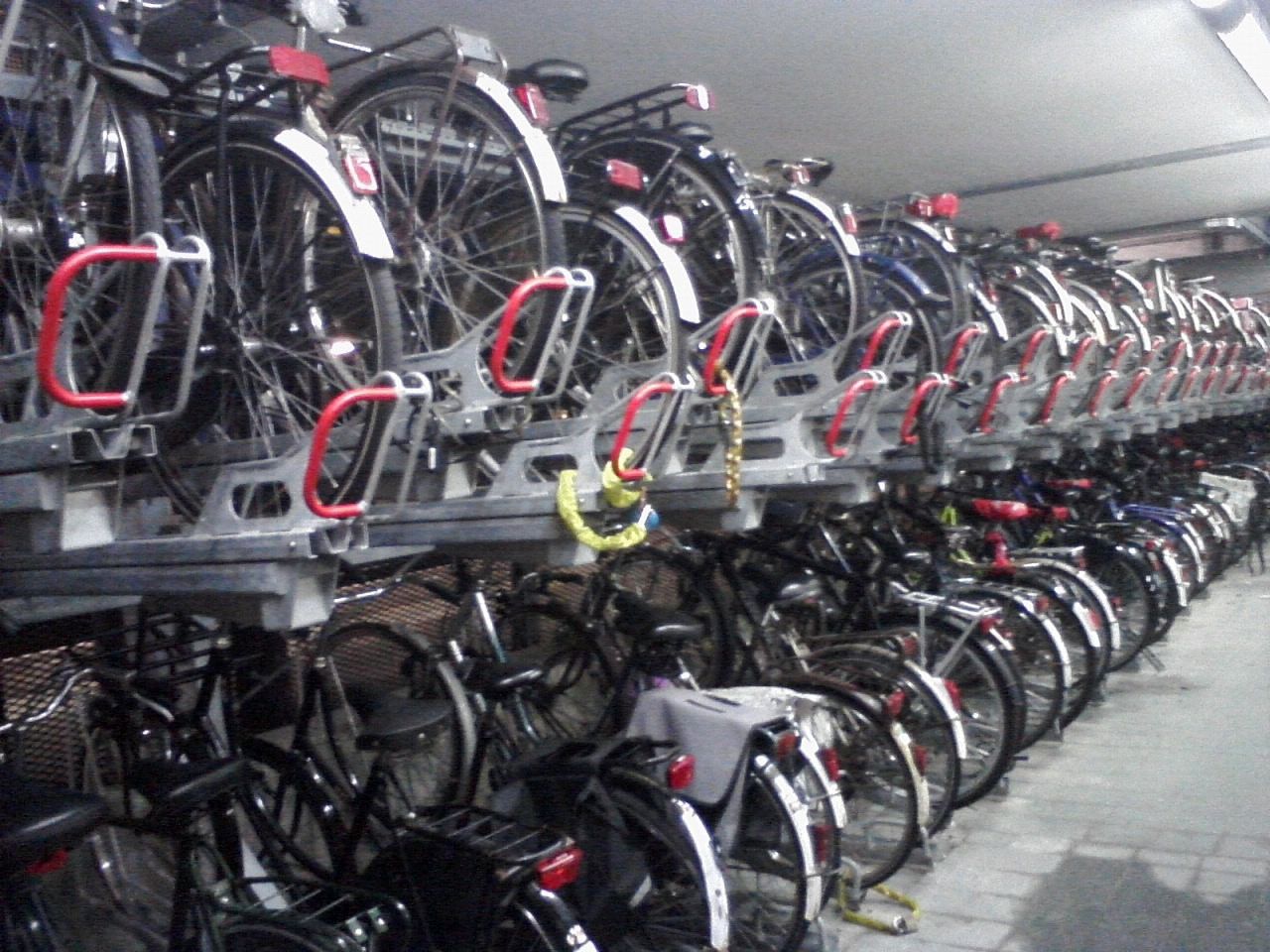 Tientallen fietsen in een stalling. Op een van de voorste zitten fietstassen.