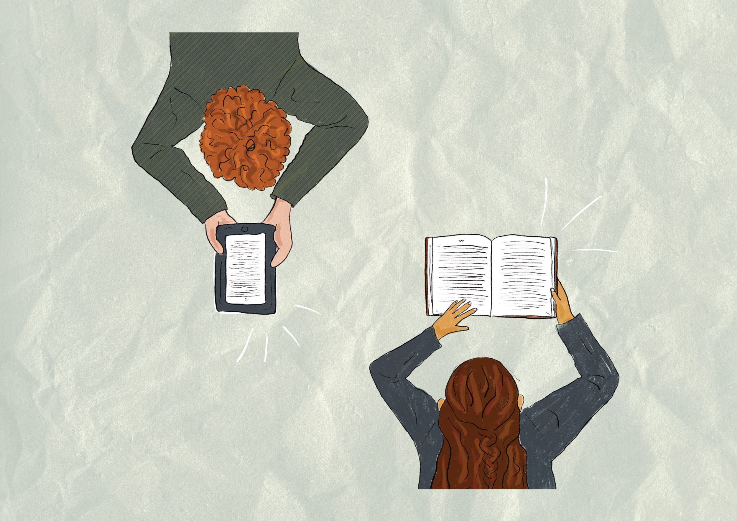 Twee getekende personen, van bovenaf gezien. Ze liggen op hun buik. De een leest een boek, de andere een e-reader.