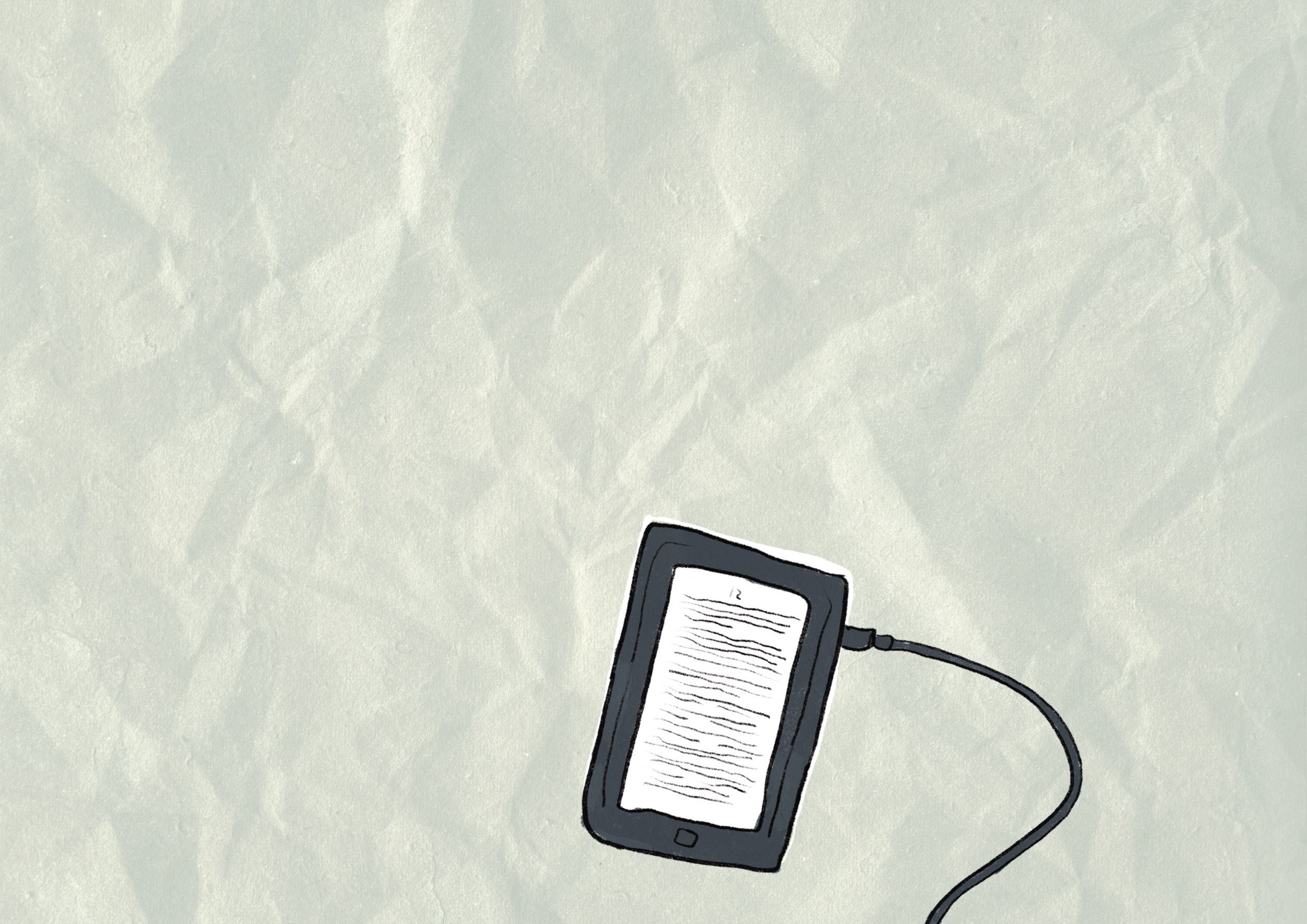 Een tekening van een zwarte e-reader met een wit tekstblok, op een grijze achtergrond.