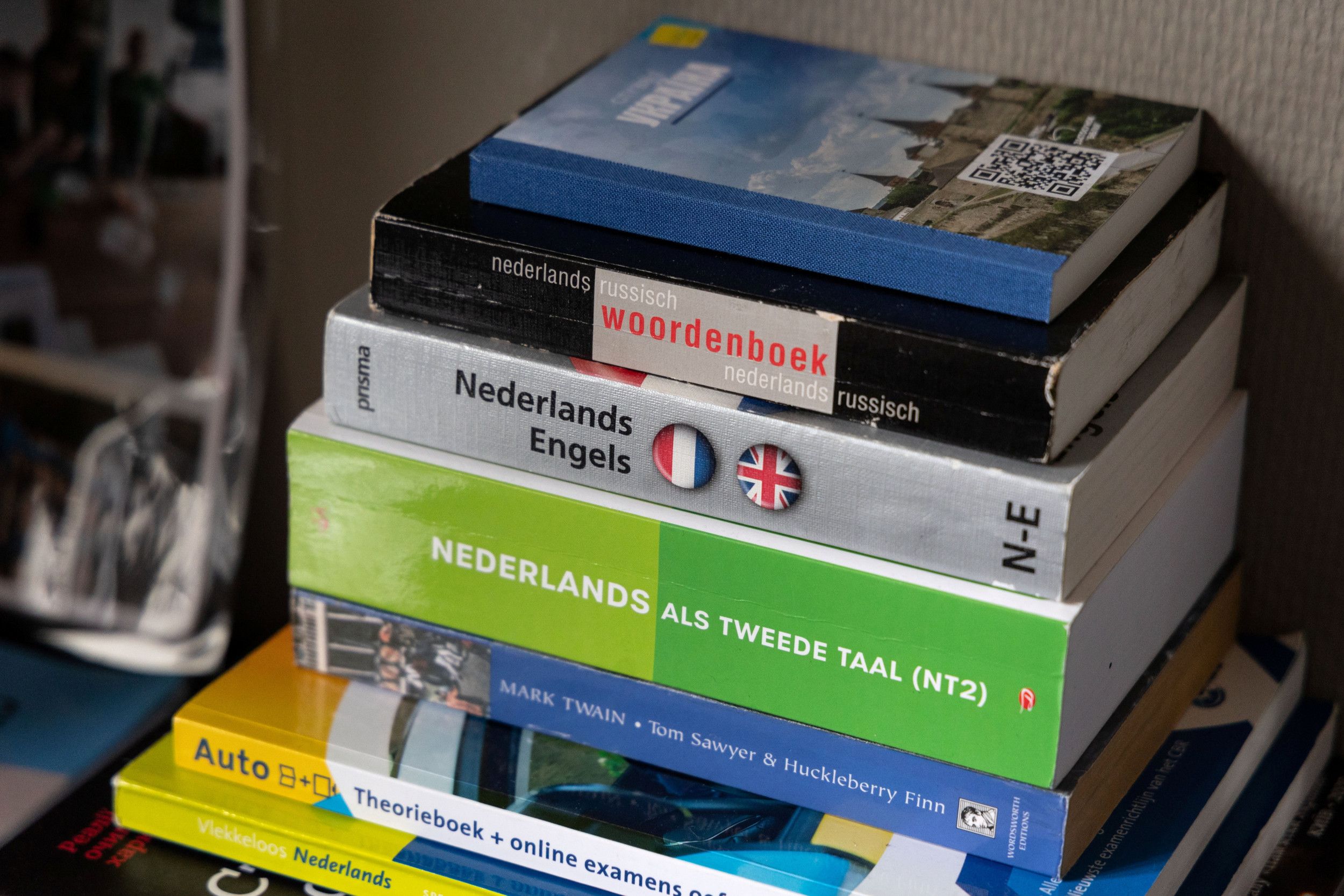 Stapel boeken in grijs, groen, blauw en zwart, met titels als ”Nederlands als tweede taal (NT2)” en ”Nederlands-Russisch woordenboek”. 