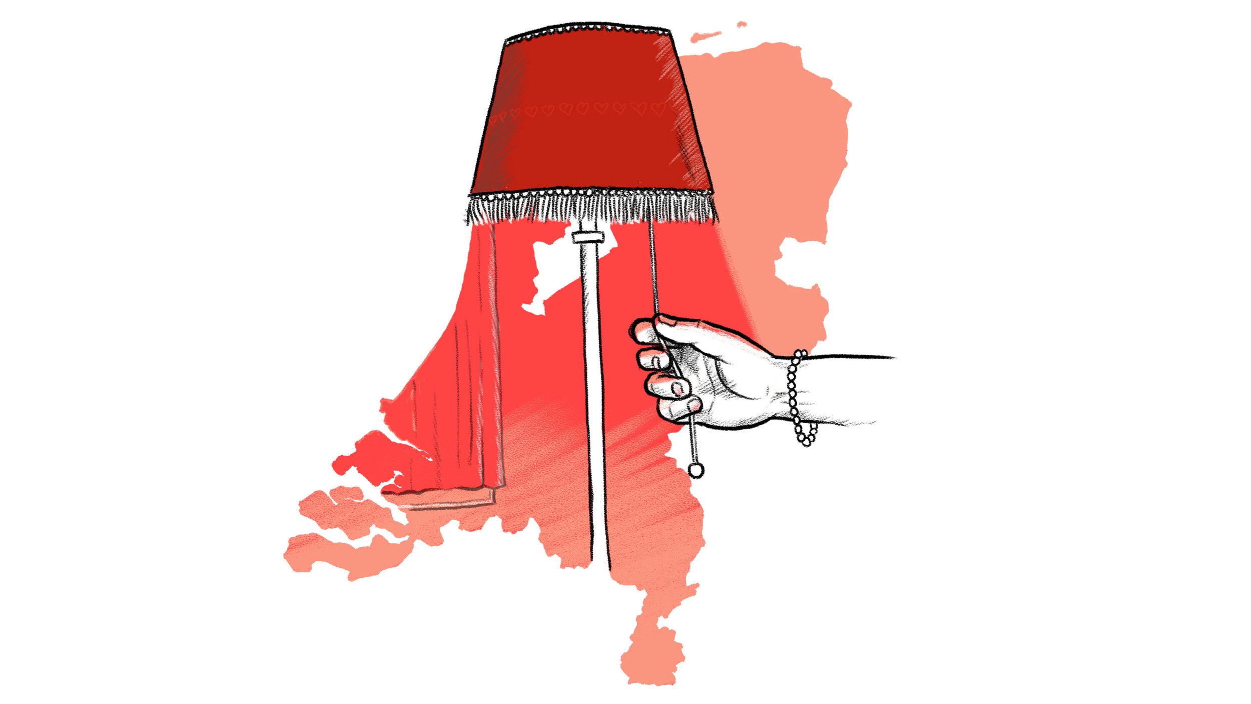 Een rood landkaartje van Nederland met een schemerlamp ervoor, waaruit licht schijnt. Een hand trekt aan het touwtje dat het licht aan- en uitzet. 