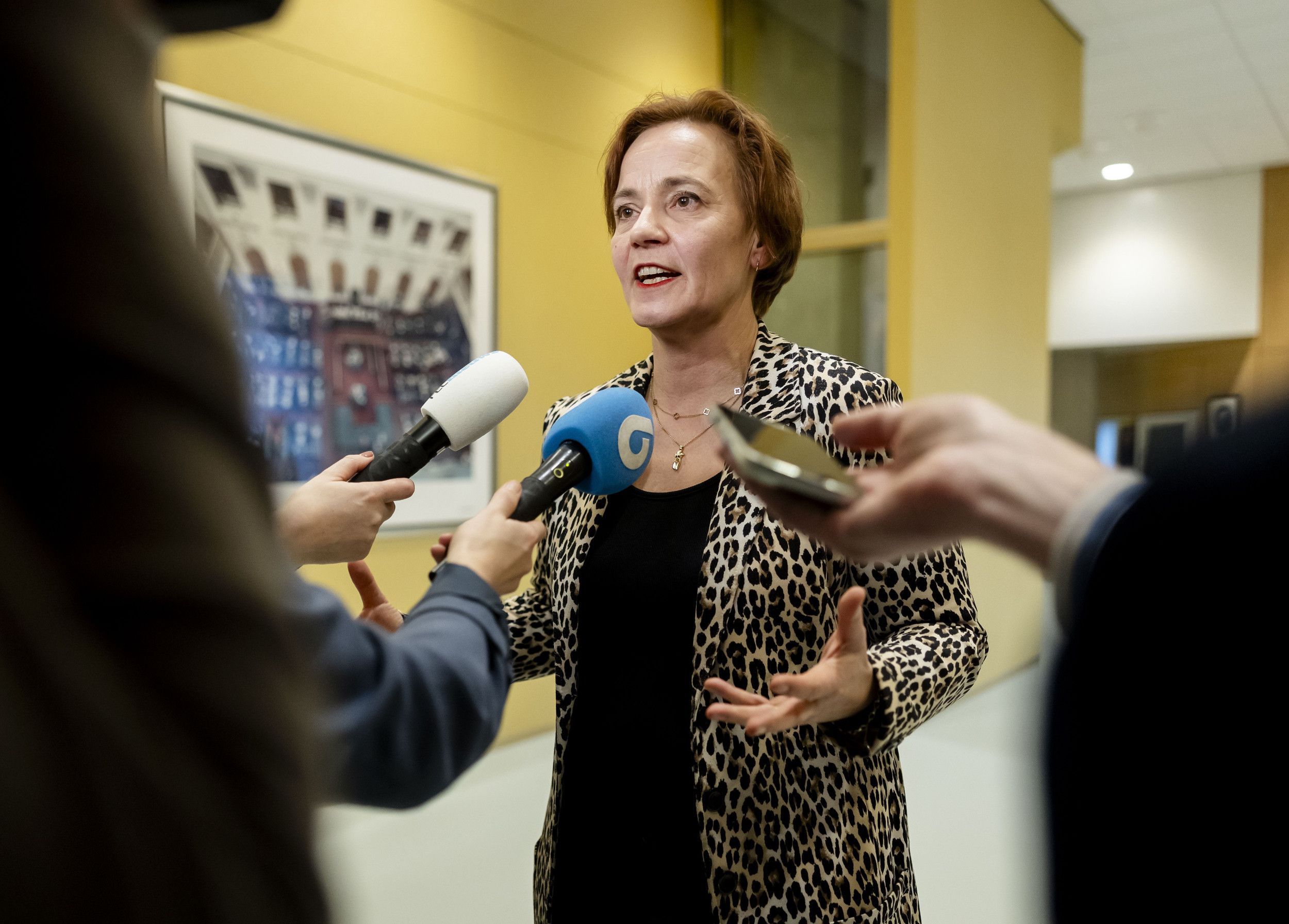 Vrouw wordt ondervraagd door journalisten, die met microfoons voor haar staan.